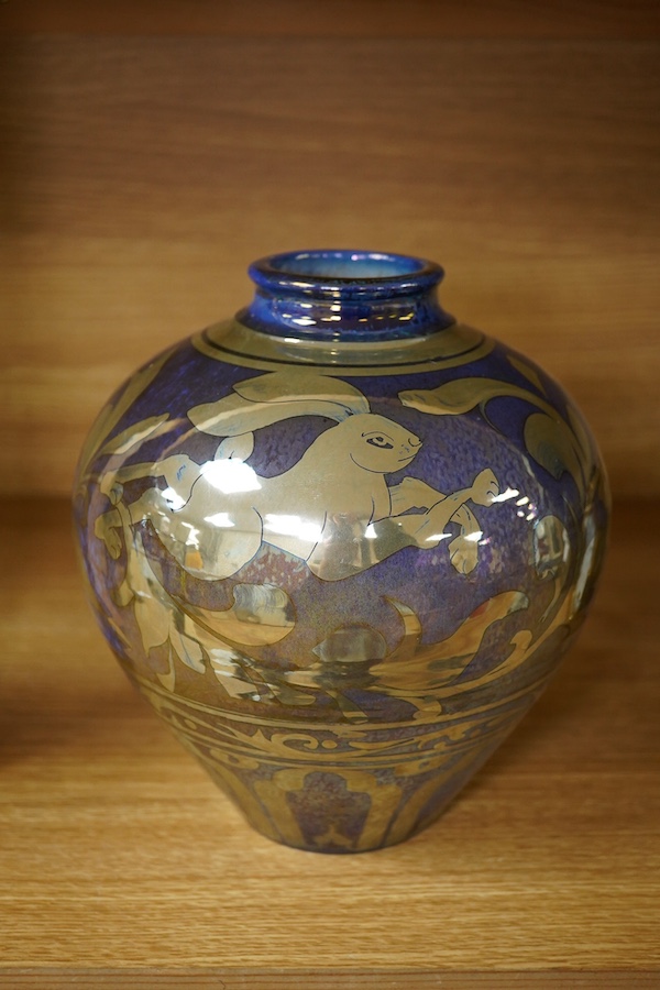 A Jonathan Chiswell Jones lustre vase with hare decoration, 21.5cm. Condition - good